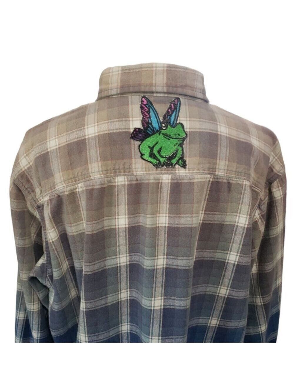 Upcycled Distressed Flannel with "Butterfrog" Embroidered Patch XL